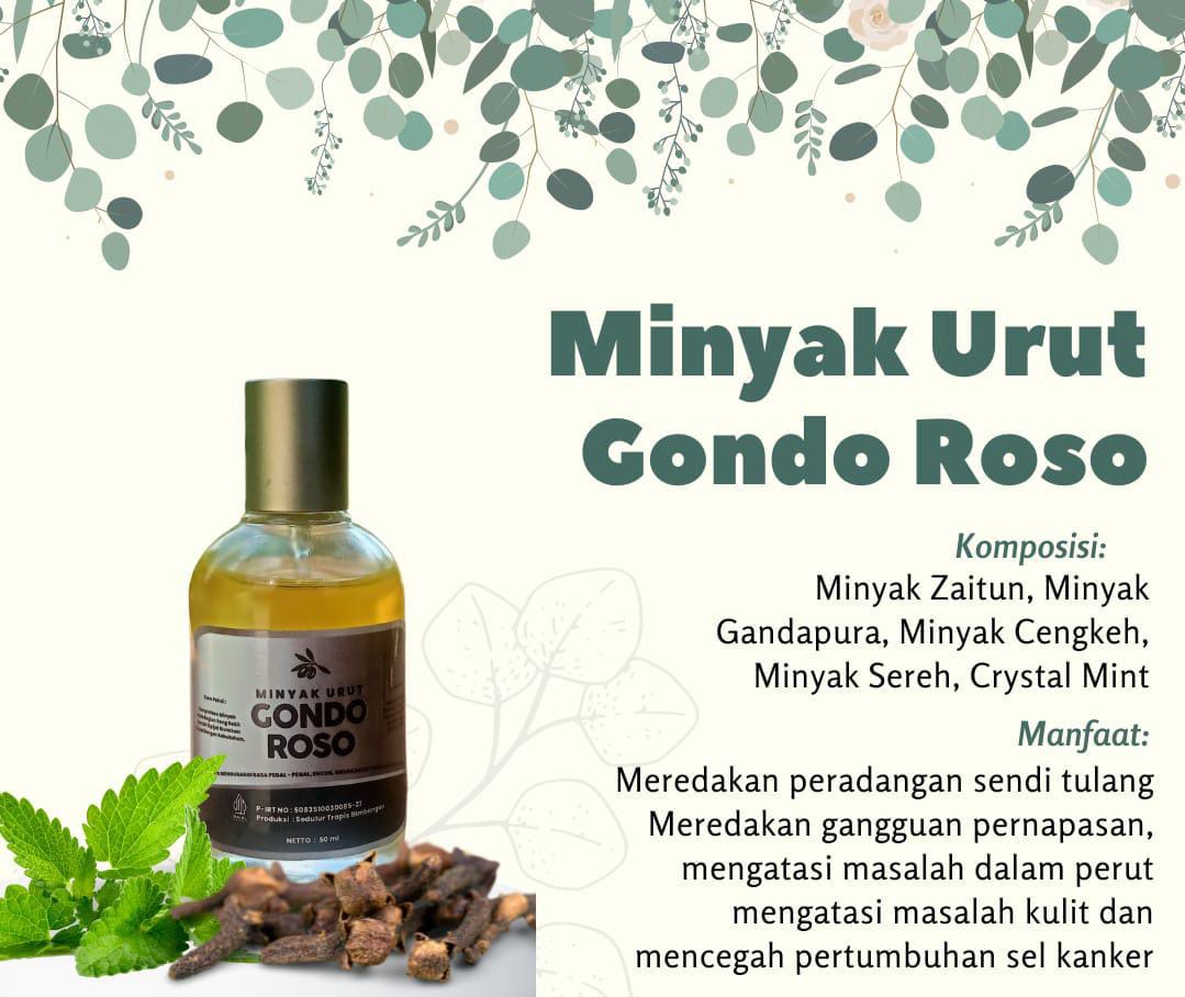 gambar minyak spray gondoroso, pijat urut, aroma terapi. Paparan Gambar : <p>Terdapat satu botol GONDOROSO SPRAY dengan hiasan bunga cengkeh di sekitarnya.</p>